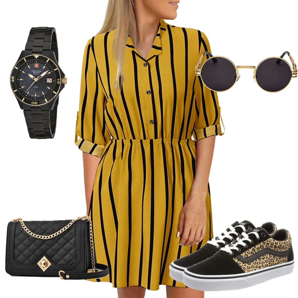 Schwarz-Gelbes Frauenoutfit mit Kleid und Sneakern