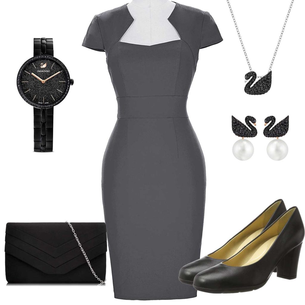 Business-Damenoutfit mit grauen Kleid und Schmuck