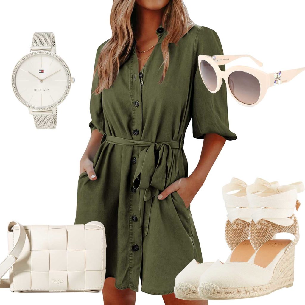 Grün-Beiges Damenoutfit mit Kleid und Brille