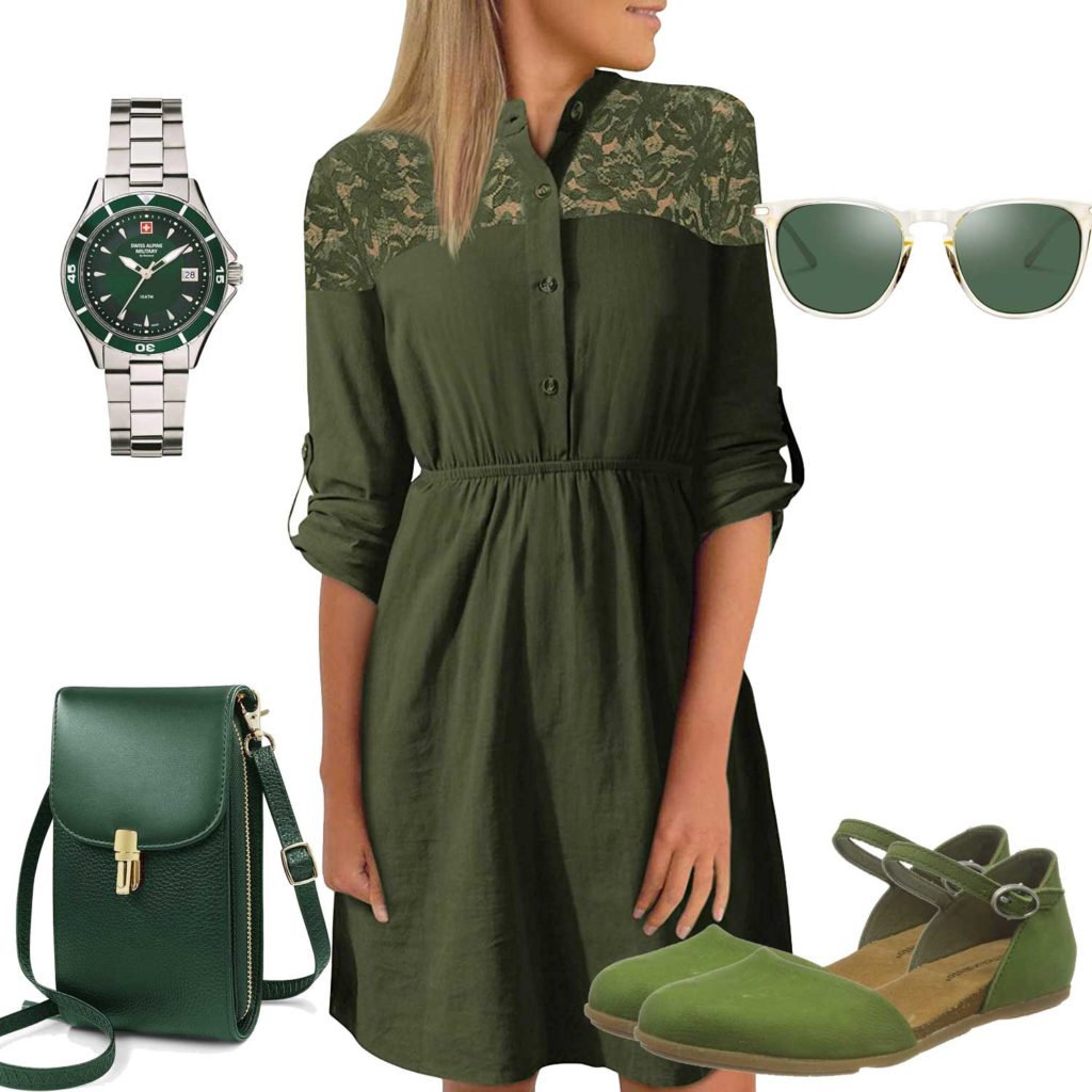 Grünes Damenoutfit mit Kleid und Sonnenbrille