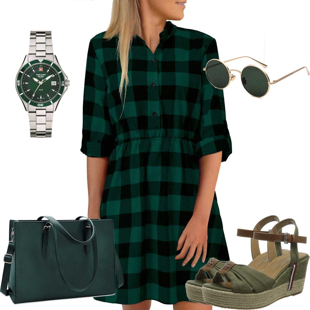 Grünes Damenoutfit mit Kleid, Brille und Uhr