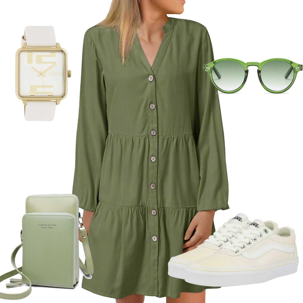 Grünes Damenoutfit mi Kleid und Tasche