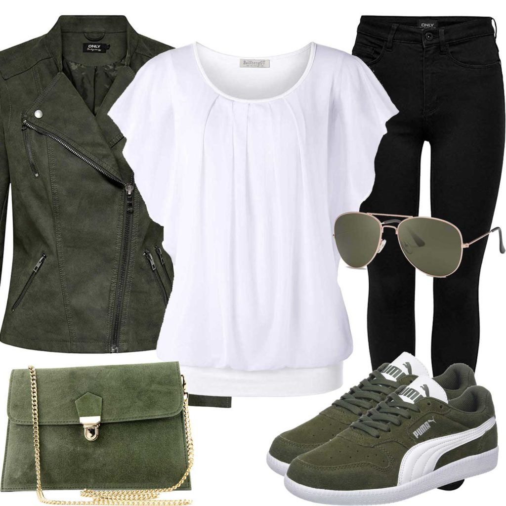 Damenoutfit mit grüner Lederjacke, Tasche und Sneakern