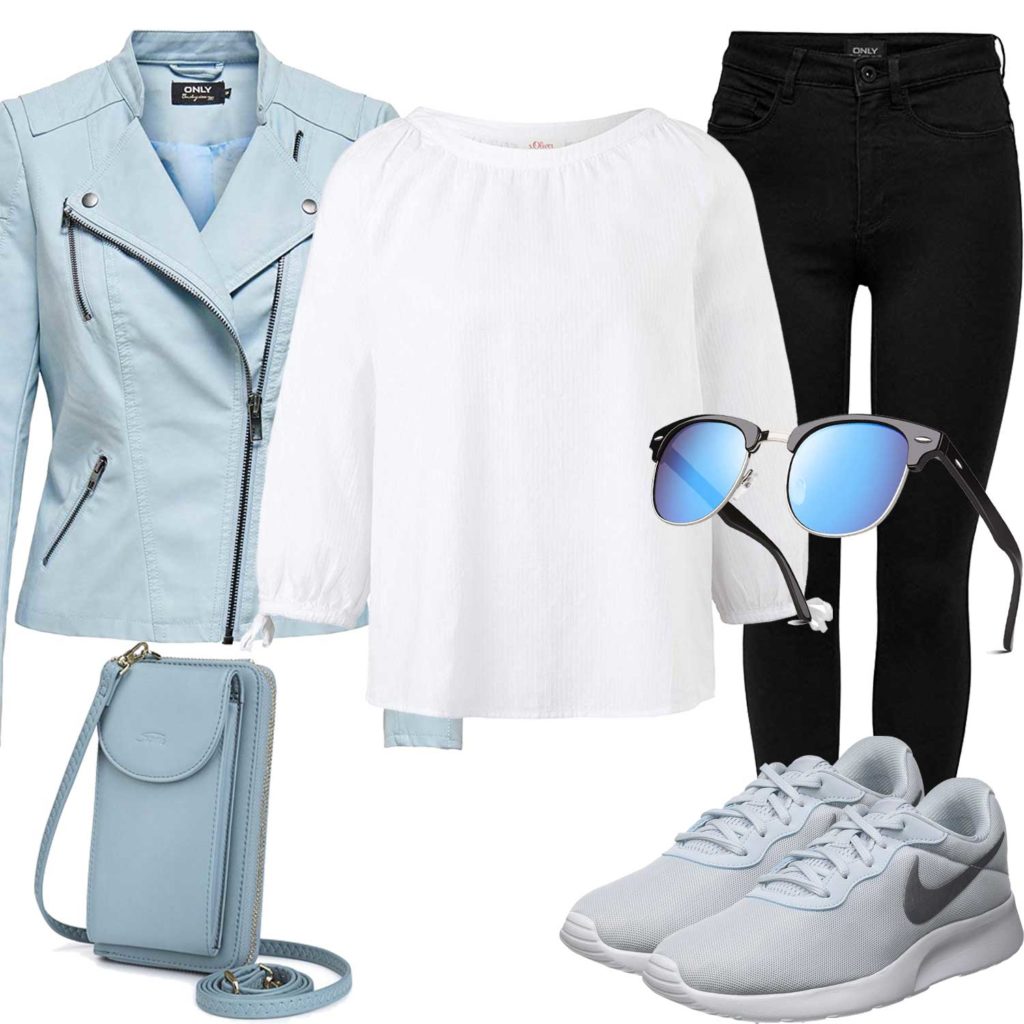 Sommer-Style mit hellblauer Lederjacke und Tasche