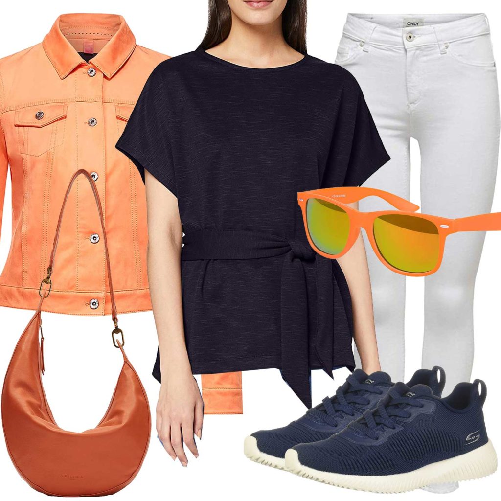 Damenoutfit mit oranger Jeansjacke und Brille