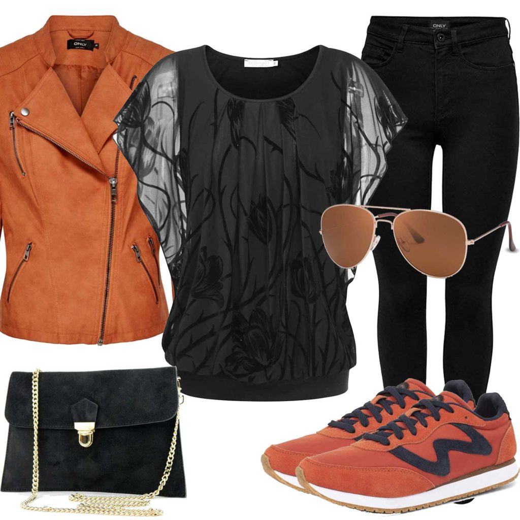 Schwarz-Oranges Damenoutfit mit Lederjacke und Jeans
