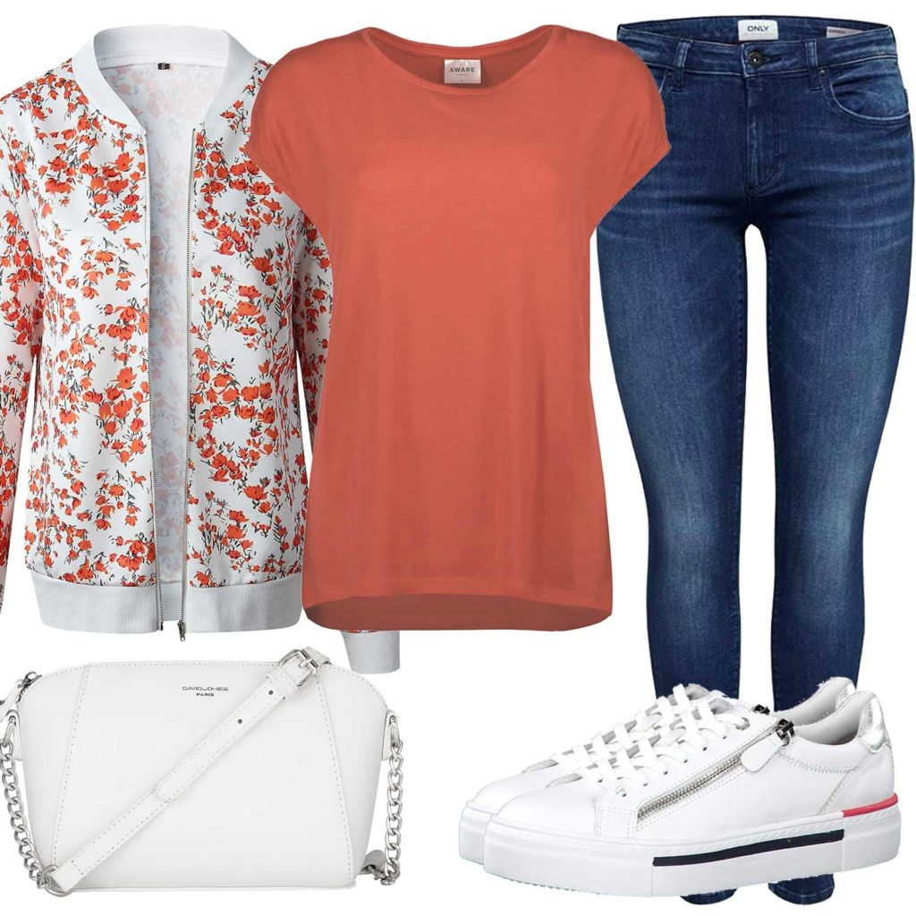 Sommer-Style mit weißer Jacke, Sneakern und Tasche