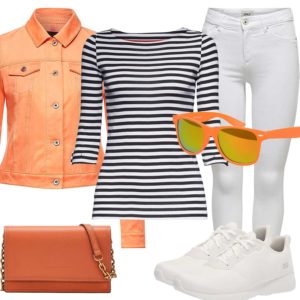 Sommer-Damenoutfit mit oranger Jeansjacke