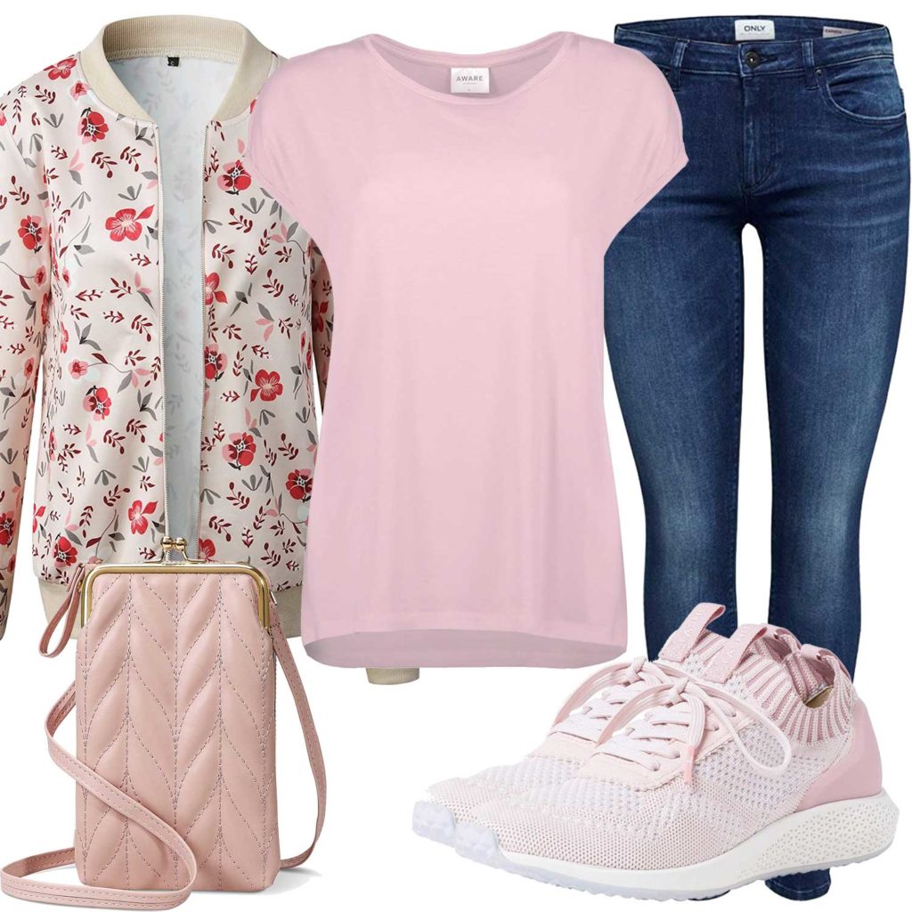 Sommer-Damenoutfit mit rosa T-Shirt, Sneakern und Tasche