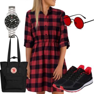 Damen-Style mit schwarz-rotem Kleid und Sneakern