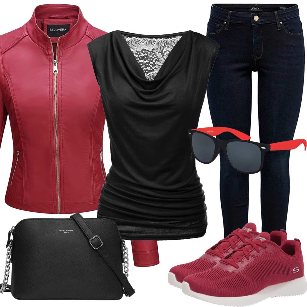 Damenoutfit mit schwarzer Bluse, Jeans und Tasche
