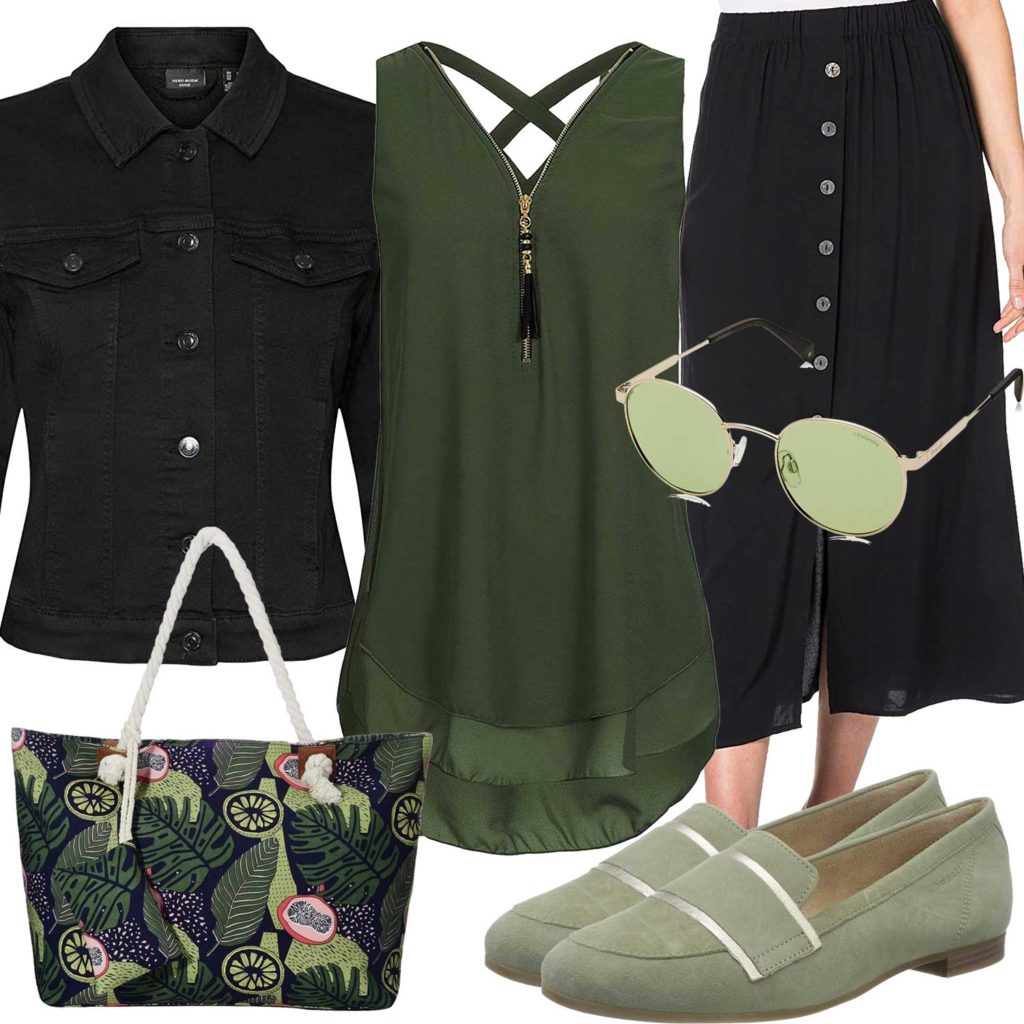Grün-Schwarzes Damenoutfit mit Bluse und Rock