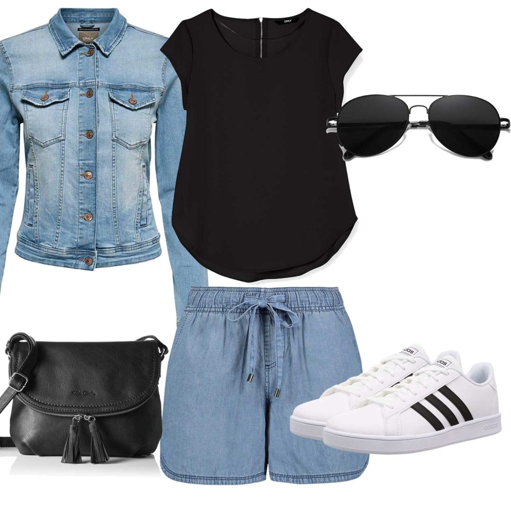 Sommer-Damenoutfit mit Jeansjacke und Shorts
