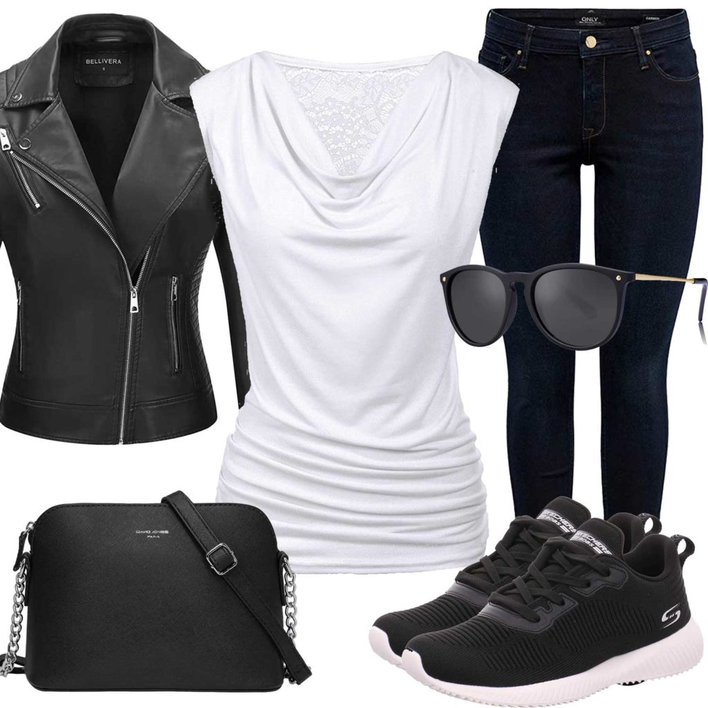 Schwarz-Weißes Damenoutfit mit Bluse und Jeans
