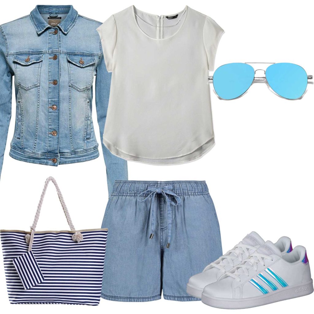 Sommer-Frauenoutfit in Weiß und Hellblau