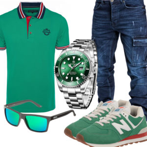 Grünes Herrenoutfit mit Poloshirt, Uhr und Sneakern
