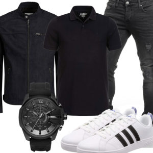 Schwarzes Herrenoutfit mit Lederjacke und Jeans
