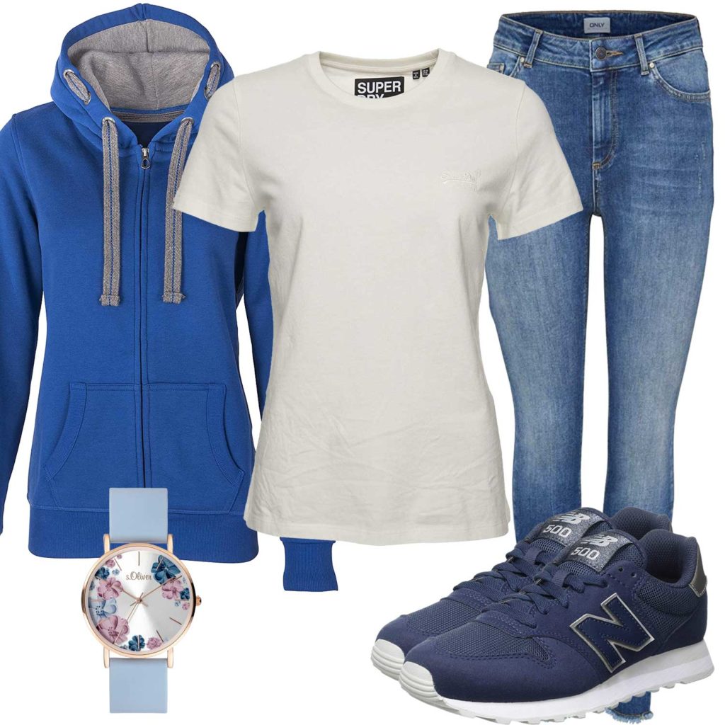 Damenoutfit mit blauem Hoodie, Jeans und Sneakern