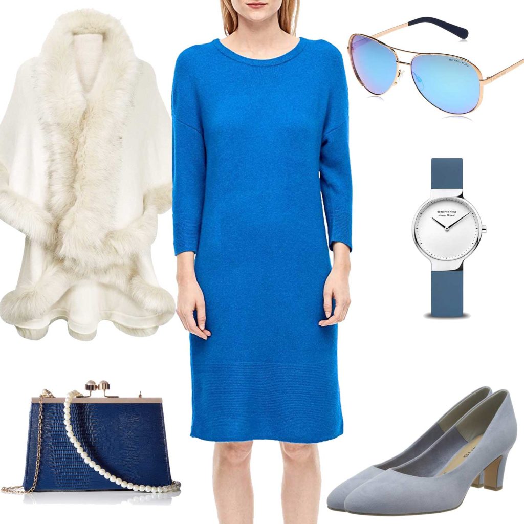 Blaues Frauenoutfit mit Kleid und Clutch