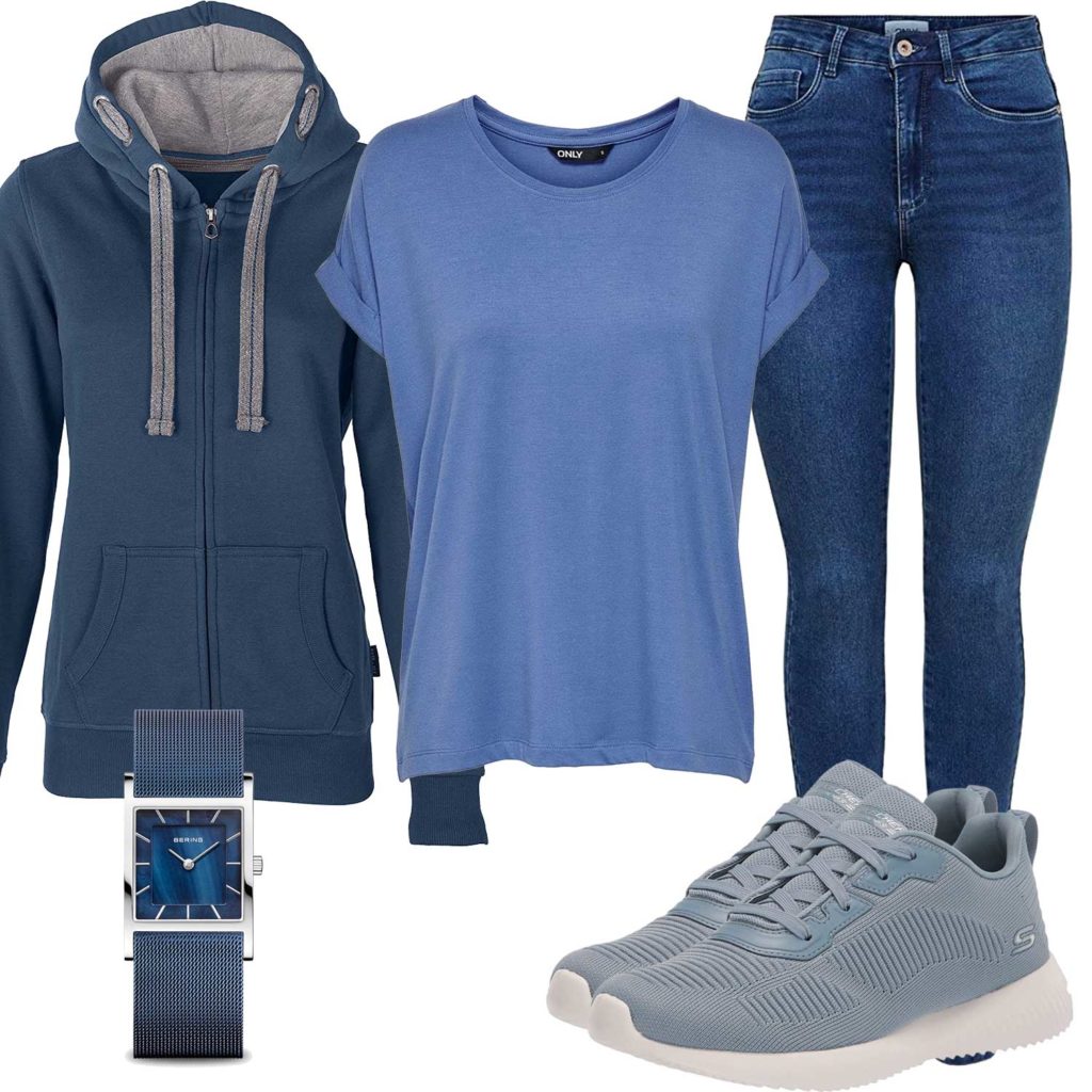 Blaues Damenoutfit mit Shirt, Hoodie und Jeans