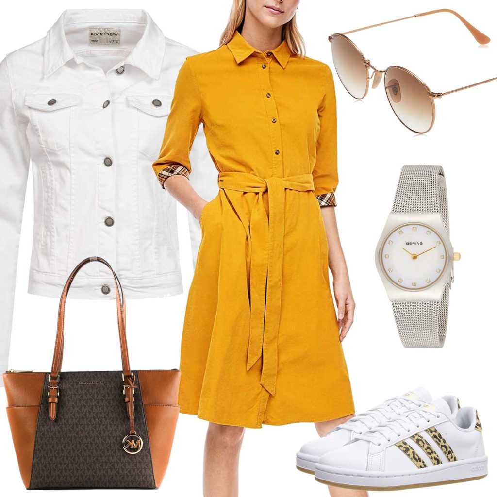 Gelb-Weißes Damenoutfit mit Kleid und Jeansjacke