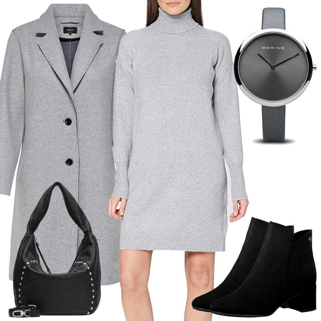 Graues Damenoutfit mit Strickkleid und Uhr