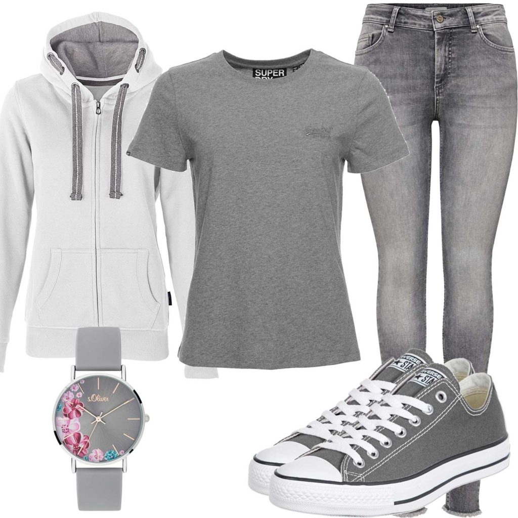 Graues Damenoutfit mit Shirt, Hoodie, Jeans und Sneakern