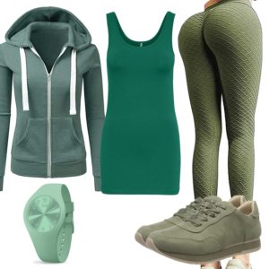 Grünes Damenoutfit mit Leggings, Top und Hoodie