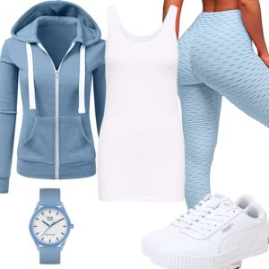 Sportliches Damenoutfit in Weiß und Hellblau