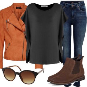 Herbst-Damenoutfit mit oranger Lederjacke und Brille