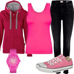 Pinkes Damenoutfit mit Top, Hoodie und Sneakern