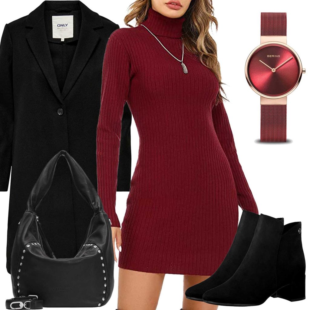 Schwarz-Rotes Damenoutfit mit Pulloverkleid