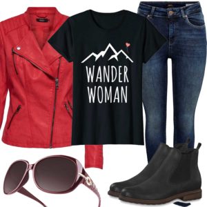 Schwarzes Herbst-Damenoutfit mit roter Lederjacke