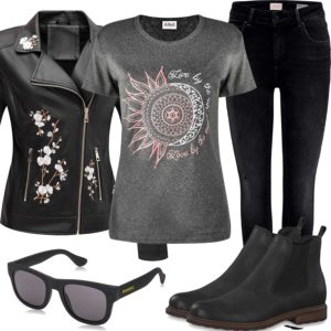 Grau-Schwarzes Damenoutfit mit Lederjacke und Jeans