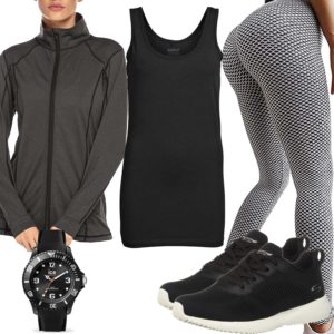 Grau-Schwarzes Damenoutfit mit Top und Leggings