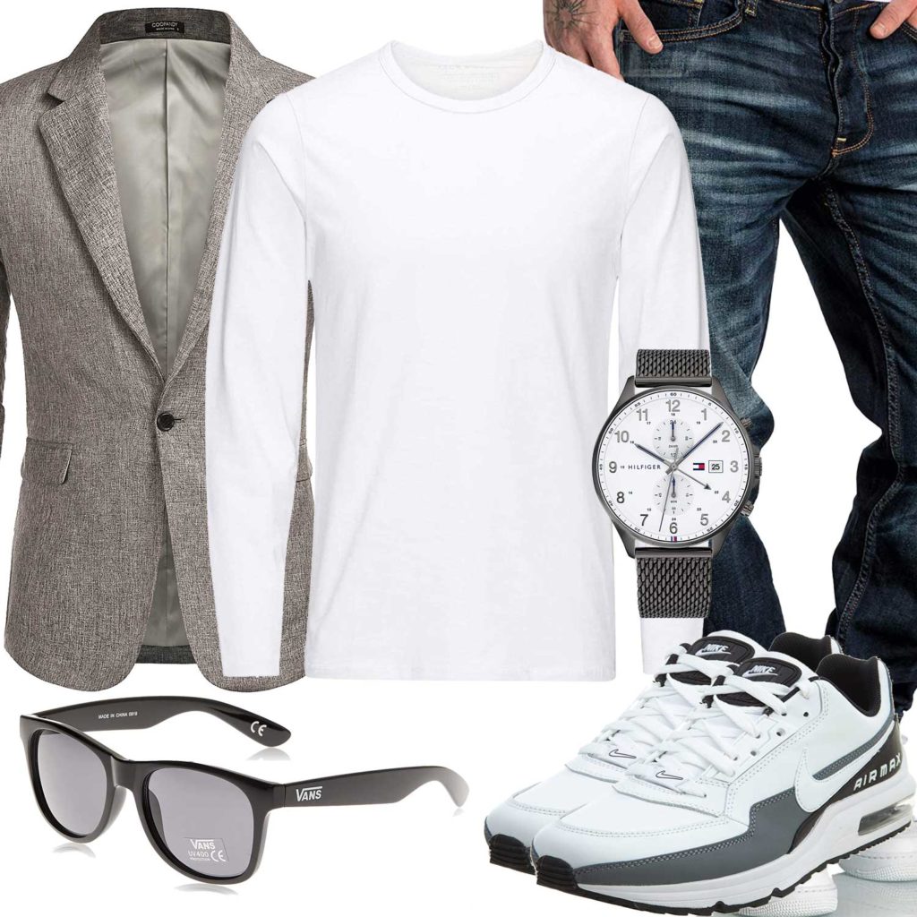 Herren-Style mit weißem Longsleeve und Sneakern