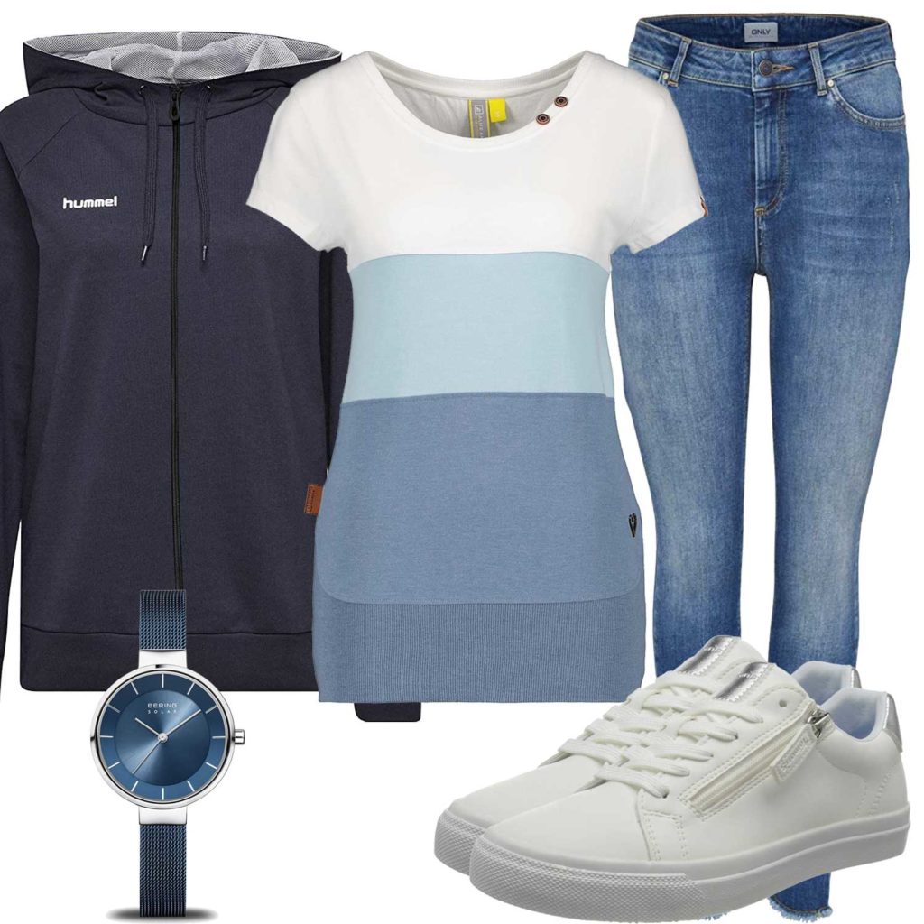 Blau-Weißes Herbst-Frauenoutfit mit Shirt und Sneakern