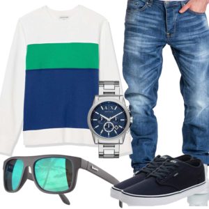 Blau-Grün-Weißes Herrenoutfit mit Jeans