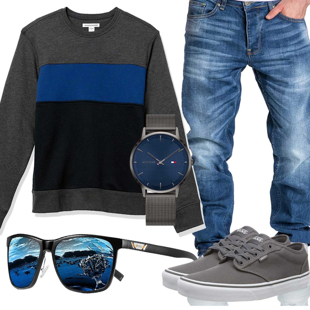 Grau-Blaues Herrenoutfit mit Jeans und Brille
