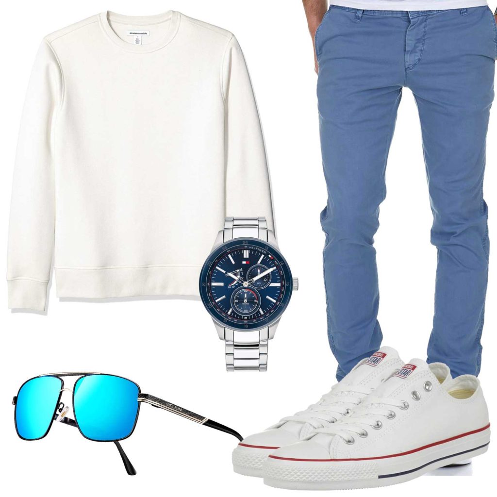 Blau-Weißes Herrenoutfit mit Pullover, Chino und Sneakern