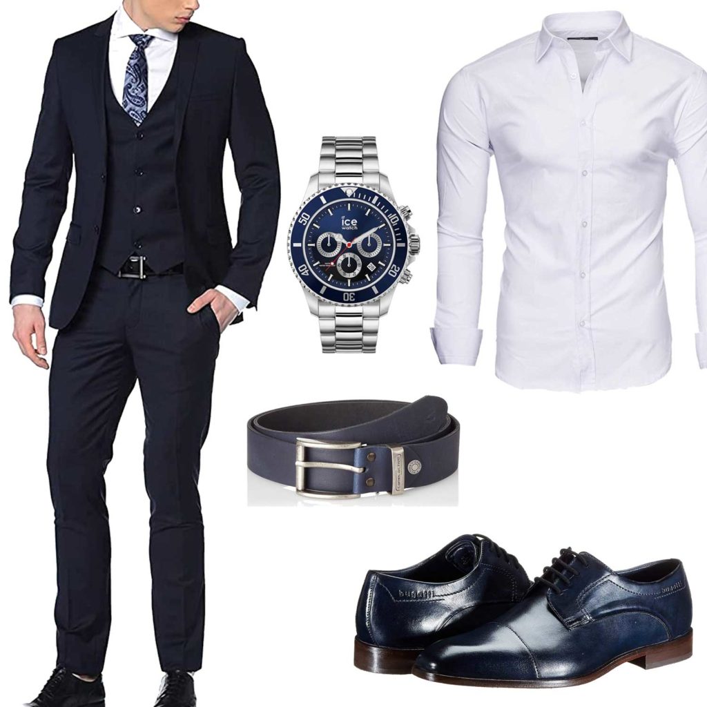 Business-Herrenoutfit mit schwarzem Anzug und Gürtel