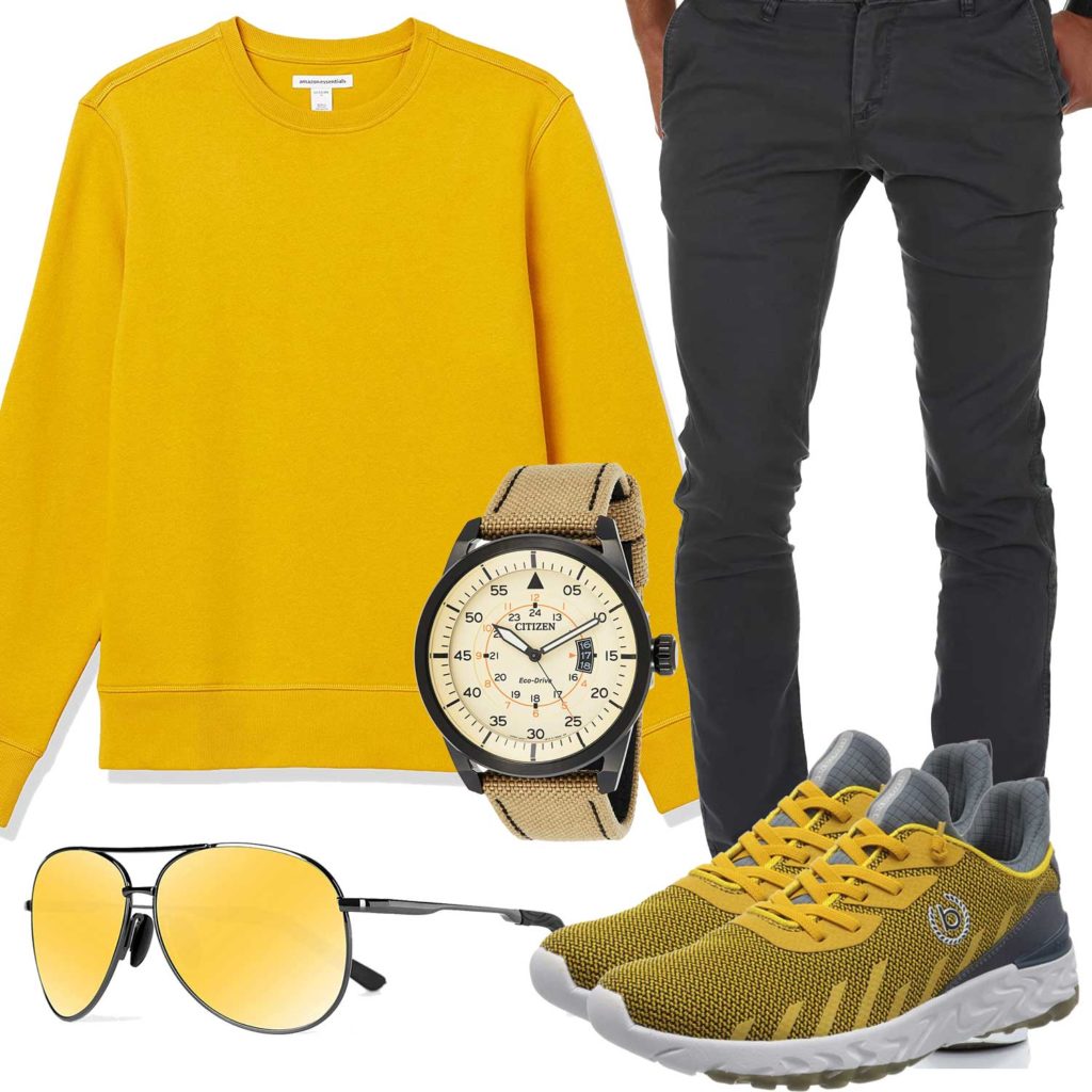 Gelb-Graues Herrenoutfit mit Pullover und Brille