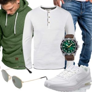 Grün-Weißes Herrenoutfit mit Hoodie und Uhr