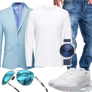Business-Herrenoutfit mit hellblauem Sakko und Jeans