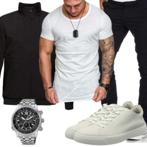 Schwarz-Weißes Herrenoutfit mit Shirt und Sneakern