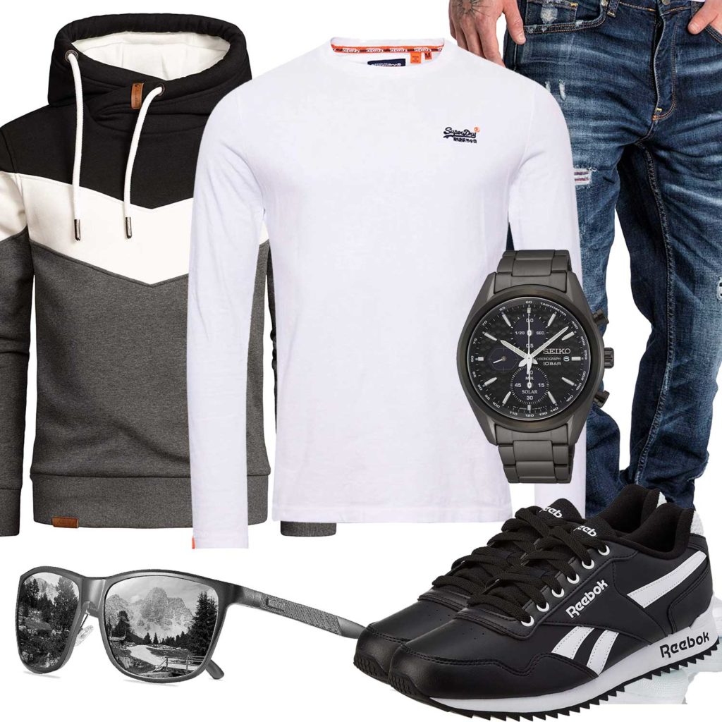 Schwarz-Weißer Style mit Hoodie und Armbanduhr