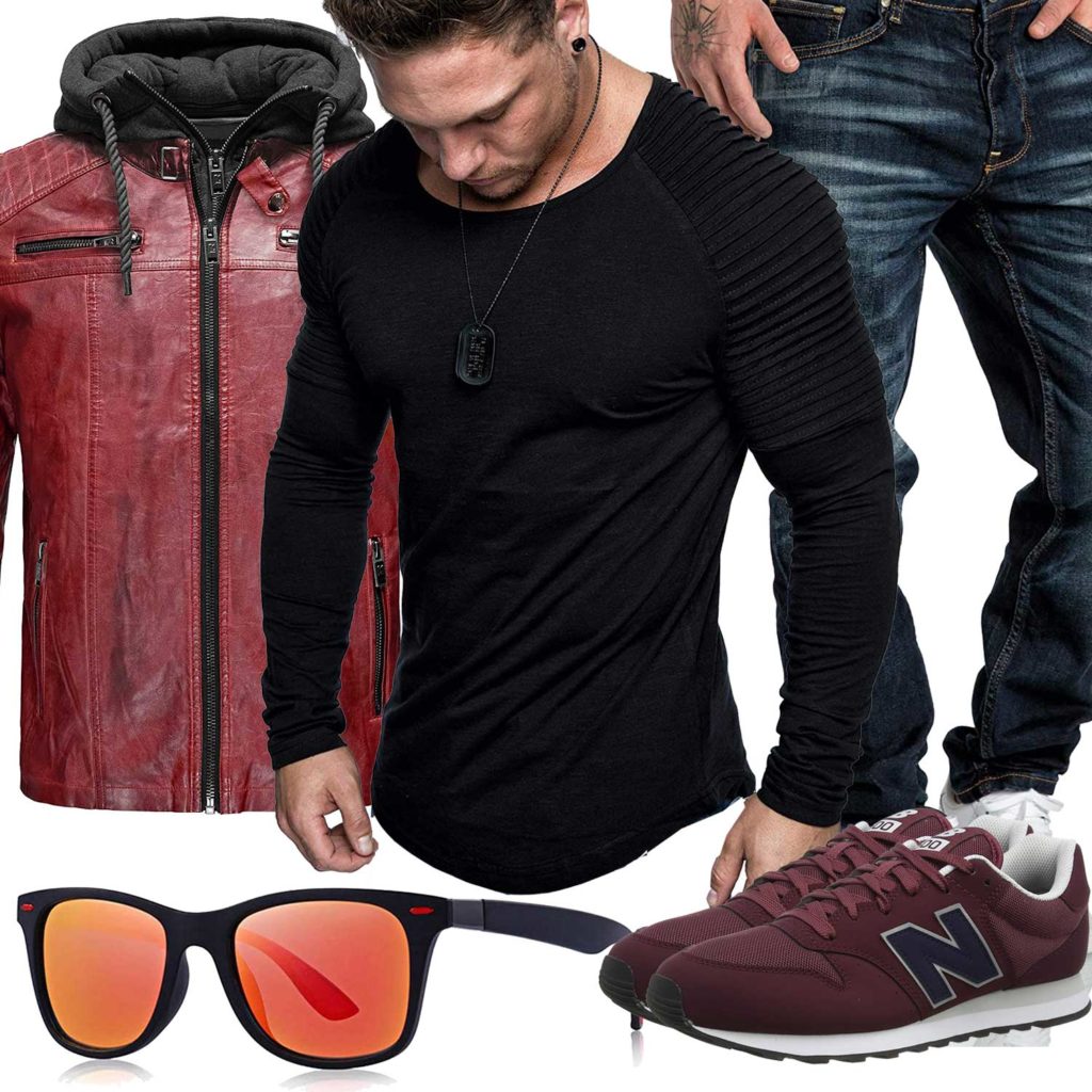 Herren-Style mit roter Lederjacke und Sonnenbrille