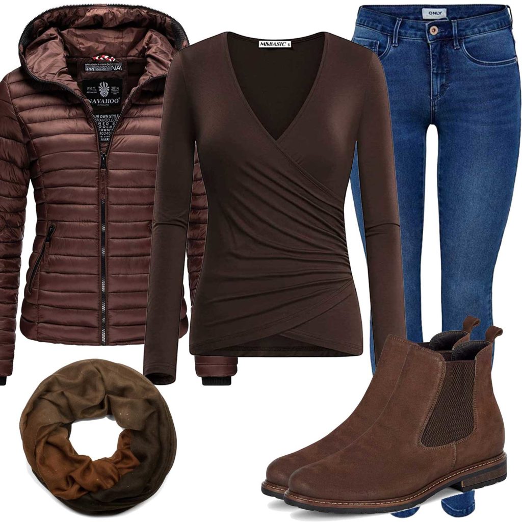 Braunes Herbst-Damenoutfit mit Bluse, Steppjacke und Schal