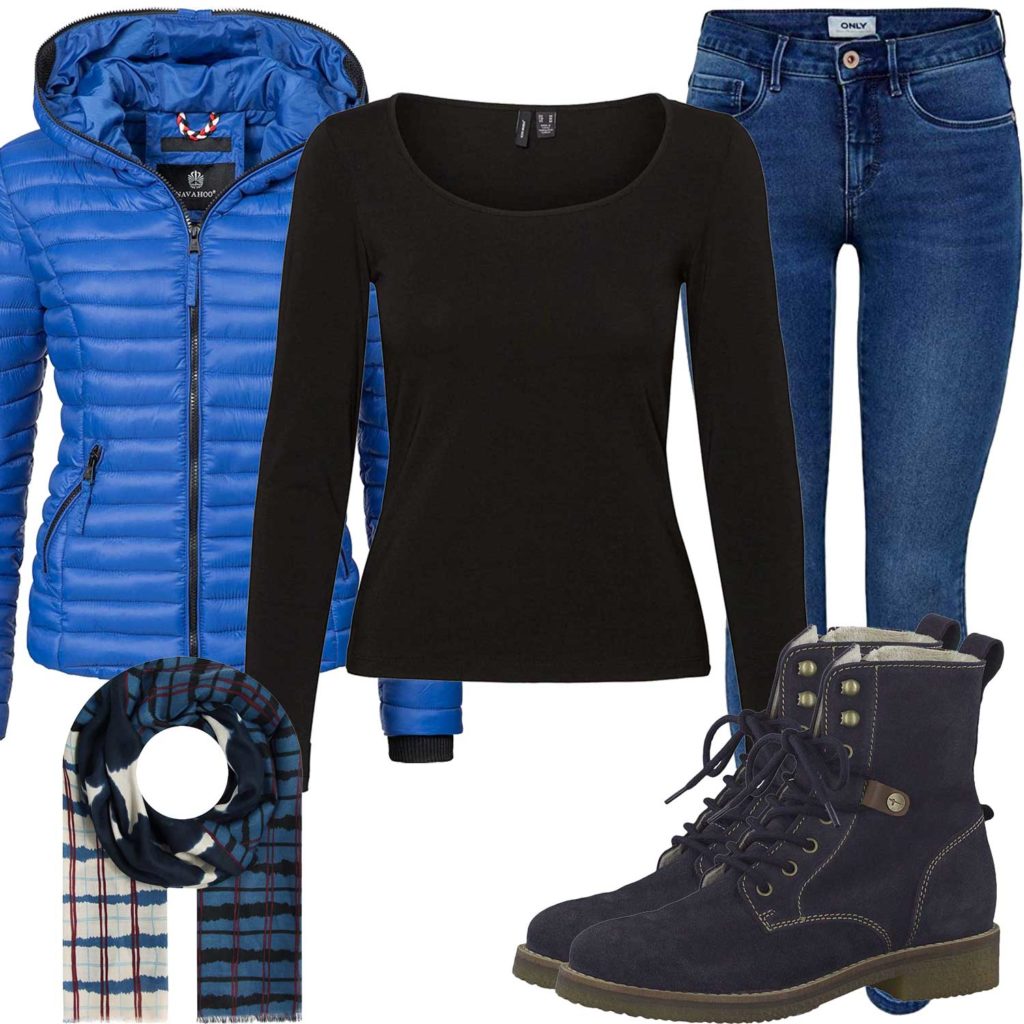 Blau-Schwarzes Damenoutfit mit Steppjacke und Schal