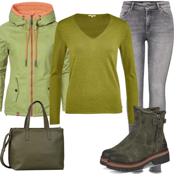 Grünes Damenoutfit mit Jacke, Stiefeln und Handtasche